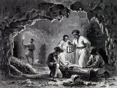 Découvertes archéologiques dans les grottes de Samoun, gravure d