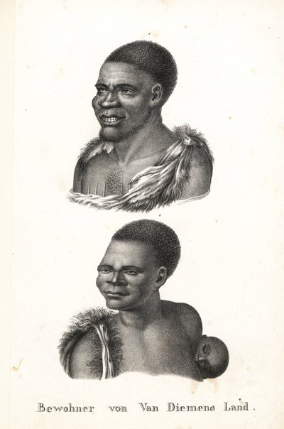 Natifs de Tasmanie, Terre de Van Diemen. Grou Aagara, homme avec scarifications sur la poitrine et cape en peau d