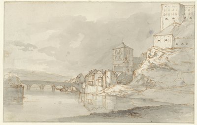 Vue de rivière avec pont en arc et fortifications sur la rive droite - Kasparus Karsen (possibly)
