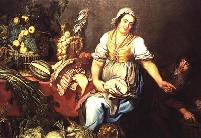 Nature morte de cuisine avec fruits, légumes et une fille tenant un poulet - Kasper or Gaspar van den Hoecke