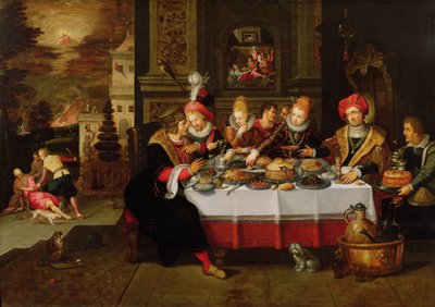 Lazare et la table du riche (de Luc XVI) (panneau) - Kasper or Gaspar van den Hoecke