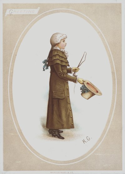 Garçon en long manteau marron, avec perruque, tenant un chapeau et un fouet de chasse - Kate (after) Greenaway