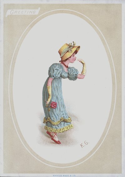 Fille en robe bleue, avec un bonnet de paille, tenant une rose - Kate (after) Greenaway