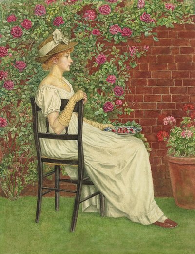 Jeune fille assise sur une chaise, un bol de cerises à la main - Kate Greenaway