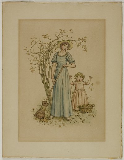 Femme avec balai et petite fille - Kate Greenaway