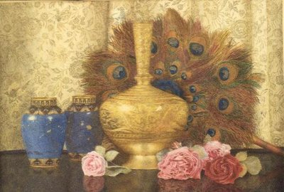 Présents Orientaux: Vase Cloisonné, Plumes de Paon, Roses de Damas et Vase Indien - Kate Hayllar