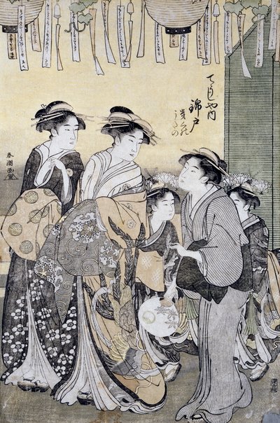 Courtisane Nishikido de la maison de thé Chojiya entourée de ses dames, fin du XVIIIe siècle, art ukiyo-e, par Katsukawa Shuncho (actif 1780-1800), (détail) - Katsukawa Shuncho
