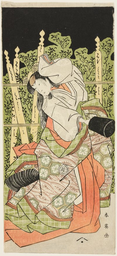 Acteur Segawa Kikunojô III Peut-être Ono no Komachi dans "Komachi Village : Nouvelle année au théâtre" ("Komachimura shibai no shôgatsu") - Katsukawa Shun
