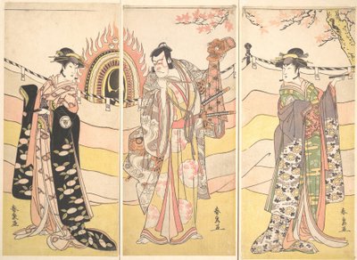 Trois acteurs en beaux costumes exécutant une danse religieuse - Katsukawa Shunsen