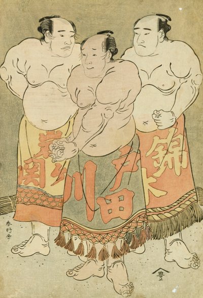 Portraits en Pied des Lutteurs Nishikigi, Todagawa et Iwagaseki se Présentant dans le Ring - Katsukawa Shunsho