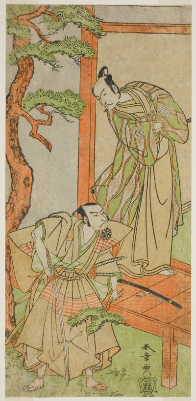 Les acteurs Ichikawa Danjuro V en tant que Momonoi Wakasanosuke (à droite), et Nakamura Nakazo I en tant que Kakogawa Honzo (à gauche), dans la pièce Kanadehon Chushingura, jouée au théâtre Nakamura en mai 1771 - Katsukawa Shunsho