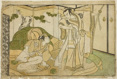 Les acteurs Nakamura Nakazo I en Taira no Kiyomori (à droite), et Yamashita Kinsaku II en Tokiwa Gozen (à gauche), dans la pièce Nue no Mori Ichiyo no Mato, jouée au théâtre Nakamura en novembre 1770 - Katsukawa Shunsho