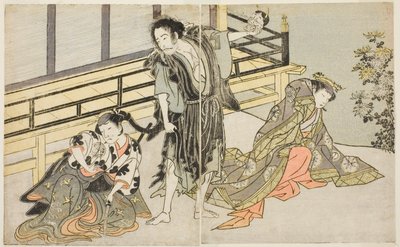Les acteurs Nakamura Noshio I comme Nyosan no Miya (à droite), Ichikawa Danjuro V comme le moine renégat Yochin (au centre), et Yamashita Kinsaku II comme la servante Mutsuhana (à gauche), dans la pièce Fuki Kaete Tsuki mo Yoshiwara, jouée au théâtre Morit - Katsukawa Shunsho