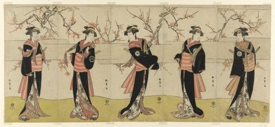 Les acteurs Segawa Kikunojo III en Karigane Obun, Nakayama Tomisaburo I en An no Oyasu, Iwai Kiyotaro II en Kaminari no Osha, Nakayama Tatezo I en Gokuin no Osen, et Ichikawa Monnosuke II en Hotei no Oichi (de droite à gauche), dans "Gonin Onna," scène une - Katsukawa Shunsho