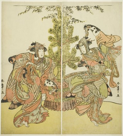 Les acteurs Segawa Kikunojo III comme Yasukata (à droite), et Iwai Hanshiro IV comme Utou (à gauche) dans la pièce Godai Genji Mitsugi no Furisode, jouée au théâtre Nakamura en novembre 1782 - Katsukawa Shunsho