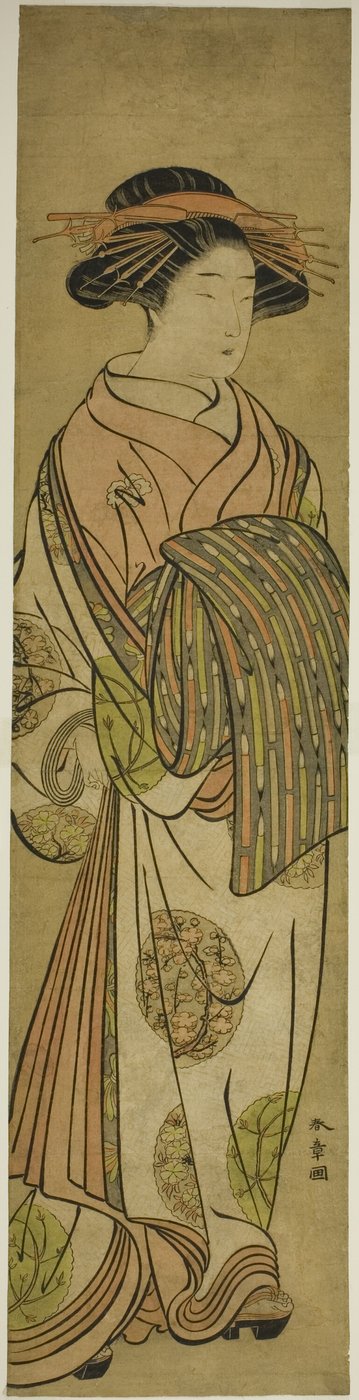 Courtisane marchant, peut-être Sugawara de la maison de plaisir Tsuruya - Katsukawa Shunsho