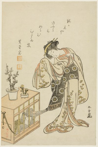 Jeune femme avec un singe en cage (impression de calendrier pour le Nouvel An 1776) - Katsukawa Shunsho