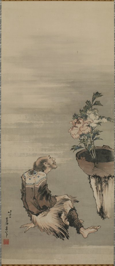 Un homme assis regardant des pivoines en pot, période Edo - Katsushika Hokusai