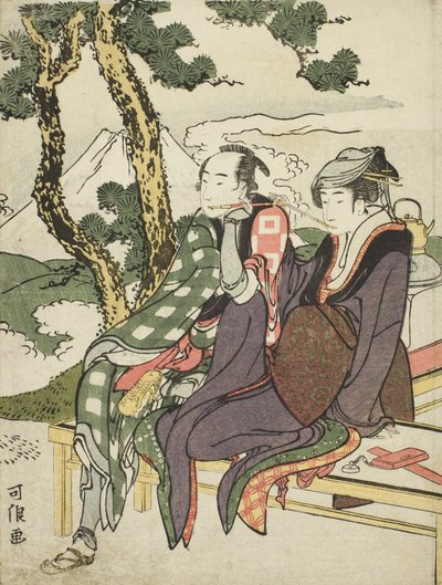 Lueur du soir pour Date no Yosaku et Seki no Koman, de la série sans titre connue sous le nom de Huit vues des amants tragiques - Katsushika Hokusai