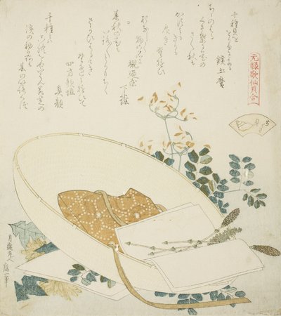 Fleurs fraîchement cueillies dans un chapeau de voyageur, illustration pour La Coquille aux mille herbes - Katsushika Hokusai