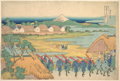 Le mont Fuji vu au loin depuis le quartier des divertissements de Senju (Senju kagai yori chōbō no Fuji), tiré de la série « Les trente-six vues du mont Fuji » (Fugaku sanjūrokkei) - Katsushika Hokusai