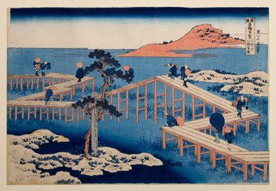 Vue ancienne du pont à huit travées de Yatsuhashi, dans la province de Mikawa, tirée de la série « Vues remarquables de ponts dans diverses provinces » - Katsushika Hokusai