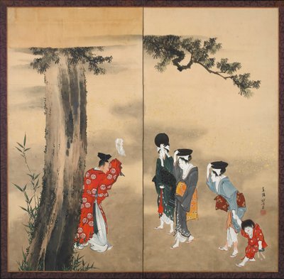 Prêtre Shinto, Trois Femmes et un Enfant sous un Pin, Période Edo, c.1799-1801 - Katsushika Hokusai