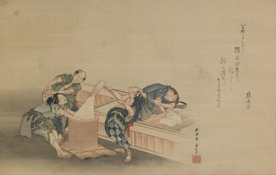 Piler du riz pour Mochi, inscrit par Momomoto Hinamaro, période Edo, c.1822 - Katsushika Hokusai
