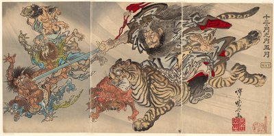 Mai : Shoki le dompteur de démons chevauchant un tigre, subjuguant des gobelins, de la série "Des Douze Mois : le Cinquième (Junikagetsu no uchi : gogatsu)" - Kawanabe Kyosai