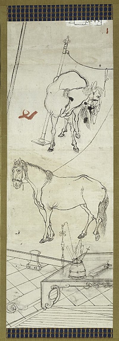 Deux chevaux dans le style chinois, une des six esquisses - Kawanabe Kyosai