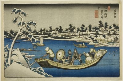 Vue lointaine de la neige sur la rivière Sumida à Edo - Keisai Eisen