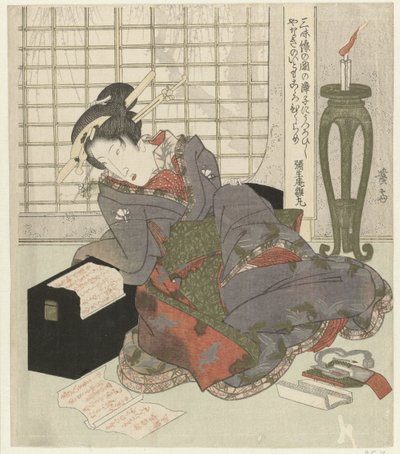 Une geisha appuyée sur la boîte de son shamisen - Keisai Eisen
