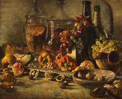 Nature morte avec fruits, noix et bouteilles - Kenneth Newton