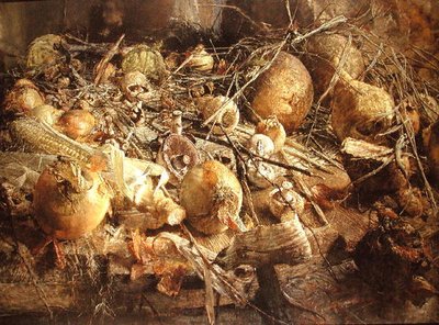 Nature morte avec oignons, champignons et épis de maïs - Kenneth Newton