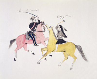 Représentation symbolique du conflit entre les Indiens et les Blancs, représentée par leurs deux chefs les plus célèbres, le général Custer et Crazy Horse - Kills Two