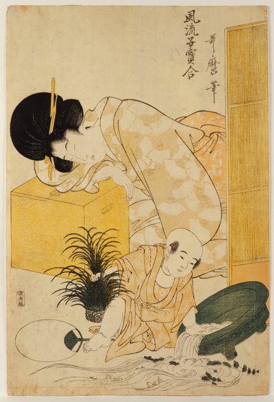 Une mère somnolant tandis que son enfant renverse un bocal à poissons, de la série "Comparaison des enfants à la mode" - Kitagawa Utamaro