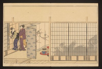 Fête dans une maison avec deux femmes à gauche - Kitagawa Utamaro