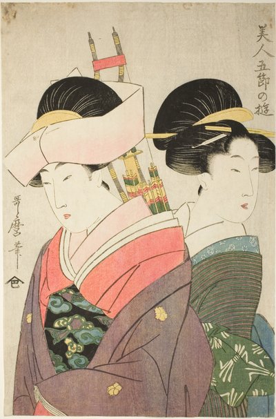 Beauté et servante le jour du Nouvel An, de la série « Plaisirs pour les beautés lors des cinq jours de fête » ("Bijin gosetsu no asobi") - Kitagawa Utamaro