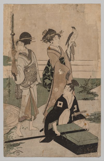 Daimyō et sa suite traversant un ruisseau dans une plaine près du Fuji - Kitagawa Utamaro