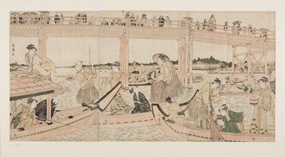 Bateaux de pêche avec filets sous le pont Ryōgoku - Kitagawa Utamaro