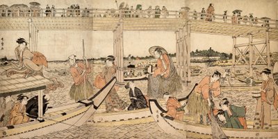 Bateaux de pêche avec filets sous le pont de Ryogoku - Kitagawa Utamaro