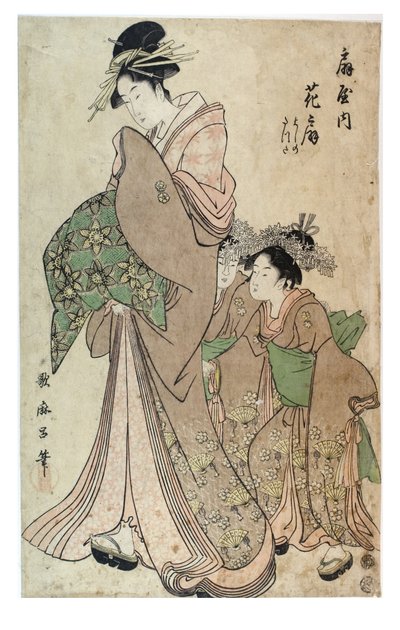 Oiran avec deux Kamuro, période Edo, vers 1790 (gravure sur papier) - Kitagawa Utamaro