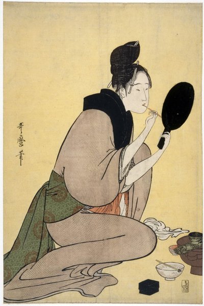Sur la beauté : femme se maquillant les lèvres - Kitagawa Utamaro