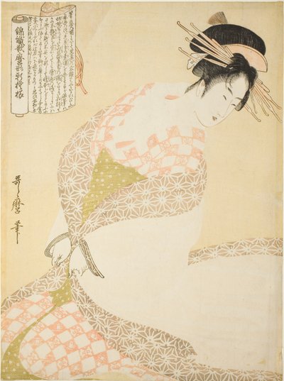 Le Manteau blanc, de la série "Nouveaux motifs de brocart tissés dans le style Utamaro (Nishiki-ori Utamaro-gata-moyo)" - Kitagawa Utamaro