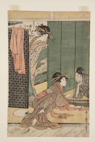 Deux courtisanes et un jeune homme sous une moustiquaire - Kitagawa Utamaro