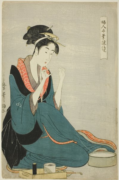 Attacher le fil, de la série "Les travaux manuels des femmes : Modèles de dextérité" ("Fujin tewaza ayatsuri kagami") - Kitagawa Utamaro