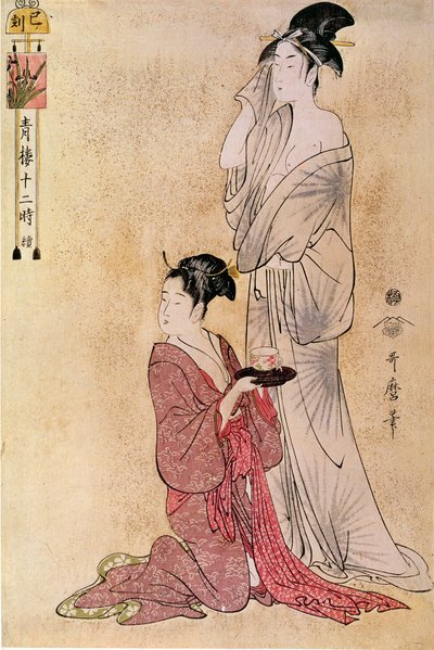 Femme à sa toilette aidée par sa servante. Estampe japonaise par Utamaro Kitagawa (1753-1806). XVIIIe siècle. Paris, Musée Guimet, Musée des Arts Asiatiques - Kitagawa Utamaro