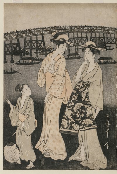 Femmes profitant de la fraîcheur du soir près du pont Ryogoku - Kitagawa Utamaro