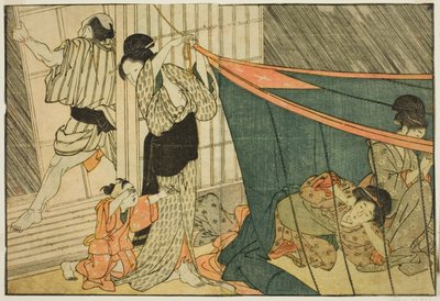 Femmes sous une moustiquaire pendant un orage, du livre illustré "Livre d