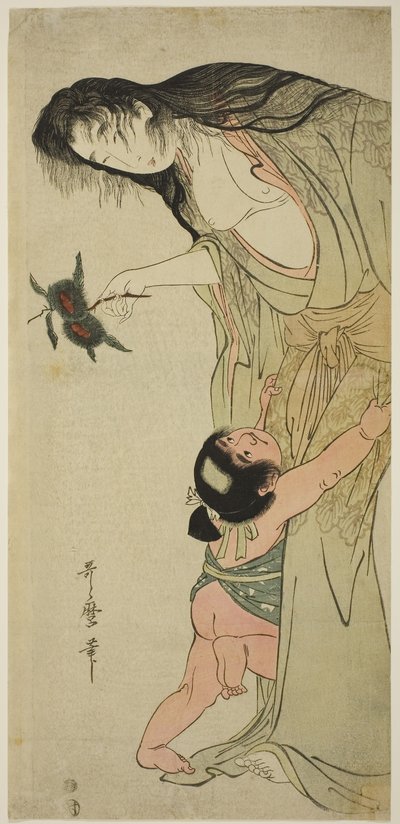 Yamauba tenant des châtaignes tandis que Kintaro les atteint - Kitagawa Utamaro